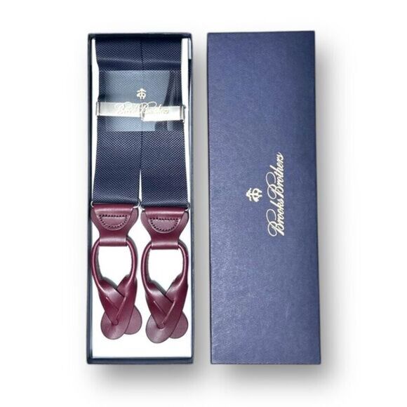 New Brooks Brothers Suspenders Navy Blue Adjustable Braces Red Wine Leather Ends